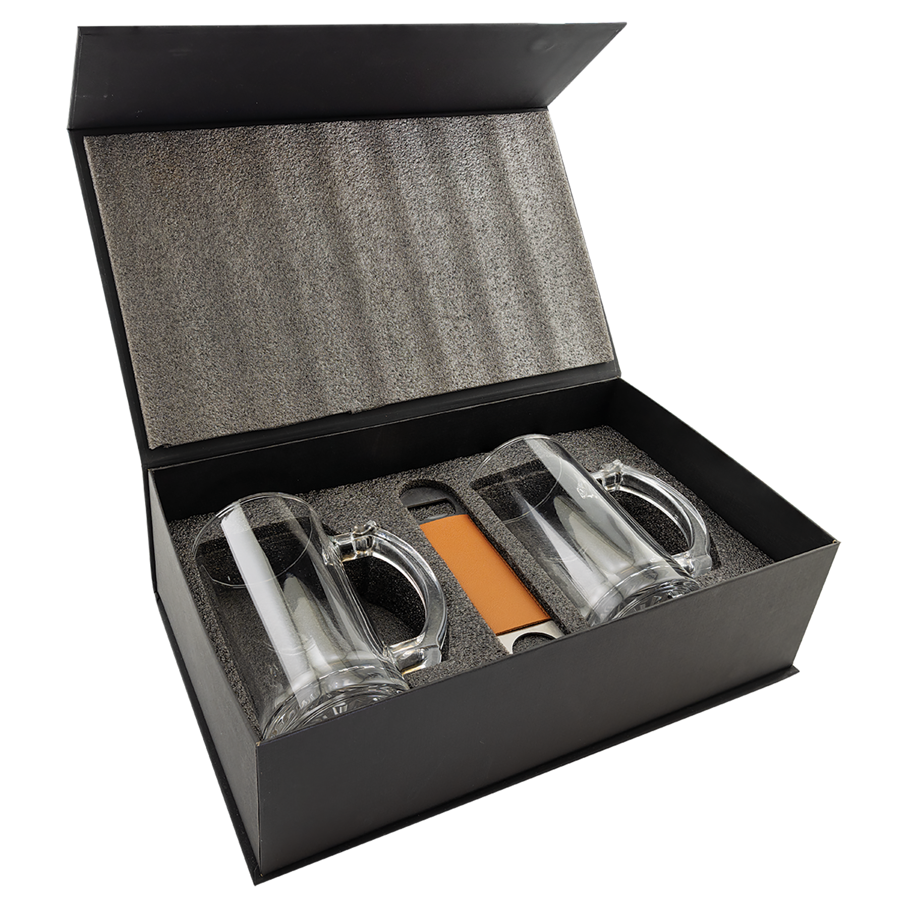 Lazerburst Beer Set with Two 14 oz. Mugs and One Rawhide Laserable Leatherette Bottle Opener