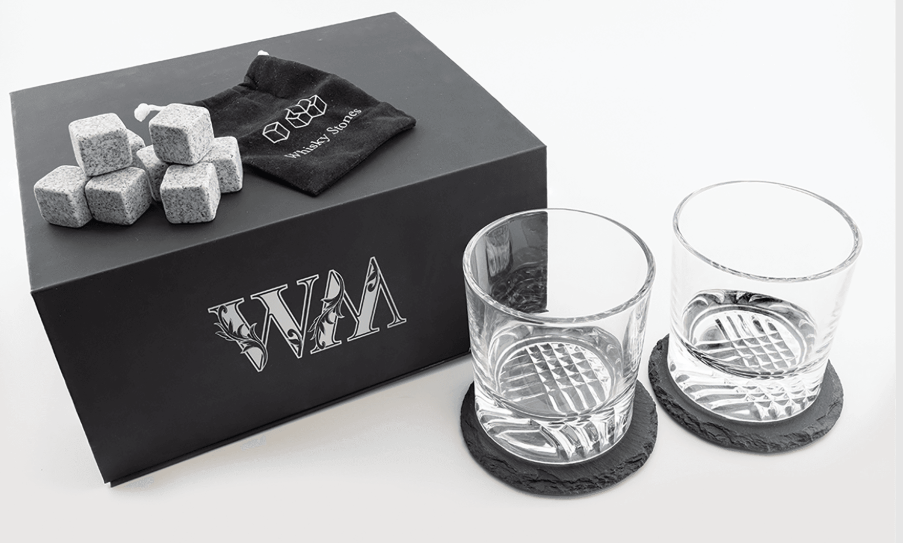 Lazerburst Whiskey Set with Two 9 oz. Glasses, Two 4" Slate Coasters, and Eight Granite Whiskey Stones with a Black Velvet Bag