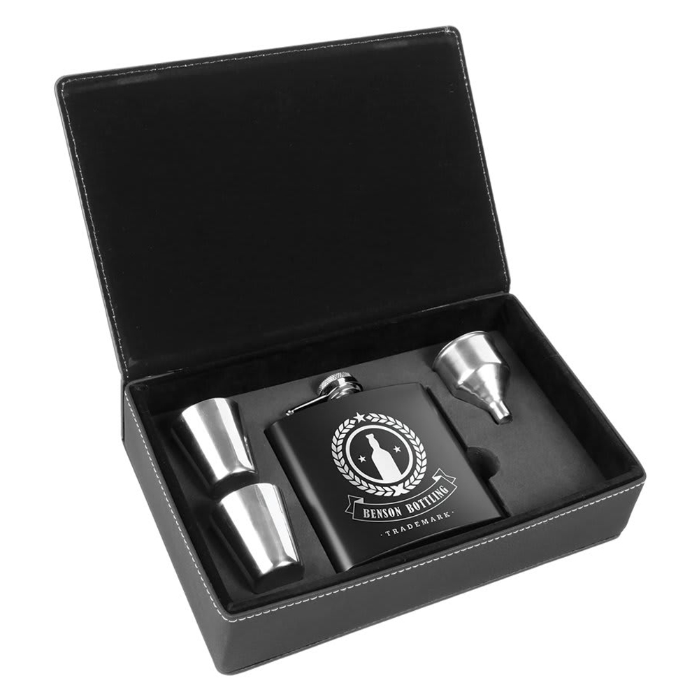 Black Stainless Steel Flask Set in Leatherette Box