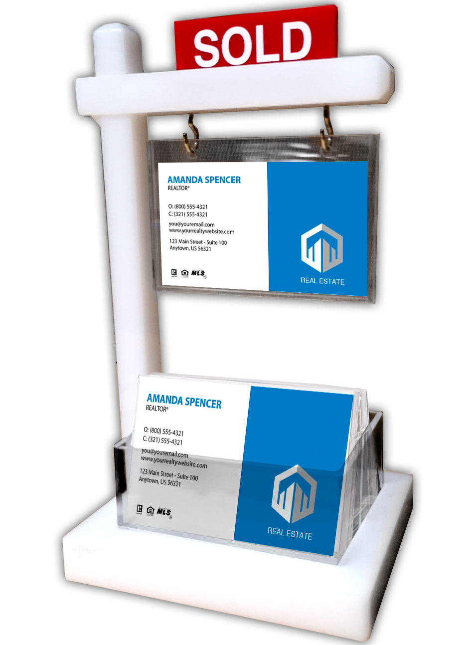 Mini Real Estate Sign & Business Card Holder (White) - Automatically customized with your business card inserted into the hanging sign